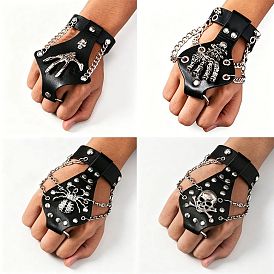 Punk Alloy Skull Skeleton Hand PU Leather Hand Harness, Rivet Chain Linked Finger Wrist Cuff, Black