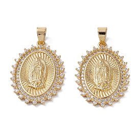 Brass Micro Pave Clear Cubic Zirconia Pendants, Long-Lasting Plated, Oval with Catholic
