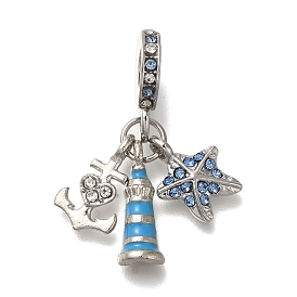 Rack Plating Alloy Rhinestone European Dangle Charms, Anchor & Starfish Large Hole Charms, Enamel Style