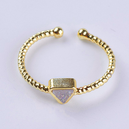 Adjustable Natural Druzy Agate Cuff Finger Rings, with Brass Findings, Triangle, Size 7, Light Gold