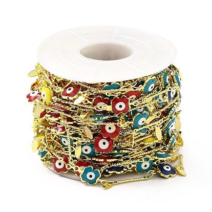 Handmade Brass Enamel Flower Link Chain, with Brass Oval Charms, Soldered, with Spool, Cadmium Free & Lead Free