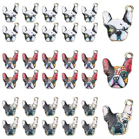 30Pcs 3 Colors Zinc Alloy Enamel Pendants, Light Gold, Bulldog