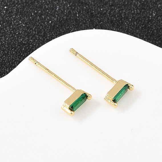 Прямоугольные серьги-гвоздики из латуни с микропаве и цирконием, долговечный, стойки покрытие, без свинца и без кадмия