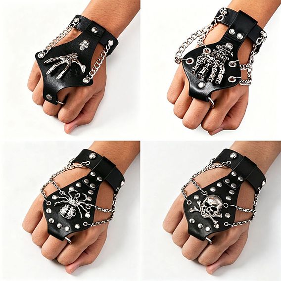 Punk Alloy Skull Skeleton Hand PU Leather Hand Harness, Rivet Chain Linked Finger Wrist Cuff, Black