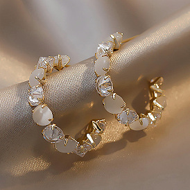 925 Silver Needle Gold Plated Water Diamond Cat Eye C-shaped Earrings for Women