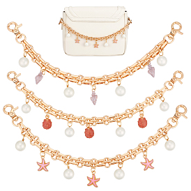 3 шт. 3 стили сплав эмаль с абс пластик имитация жемчуга подвеска железная цепочка сумка декоративные цепи, аксессуары для замены сумок, форма морской звезды/ракушки