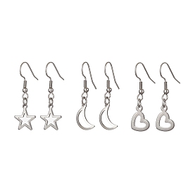 3 Pair 3 Style 304 Stainless Steel Dangle Earrings, Hollow Moon & Heart & Star