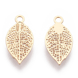 Rack Plating Brass Filigree Charms, Long-Lasting Plated, Leaf Charms