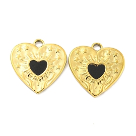 Vacuum Plating 304 Stainless Steel Pendants, Natural Black Onyx(Dyed & Heated) Heart Charms, Real 18K Gold Plated