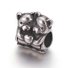 Retro 316 Surgical Stainless Steel European Style Beads, Large Hole Beads, Double Bear with Little Heart