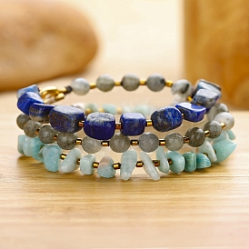 Natural Amazonite and Natural Lapis Lazuli Beads Bracelets, Multi Layer Wrap Bracelets for Women