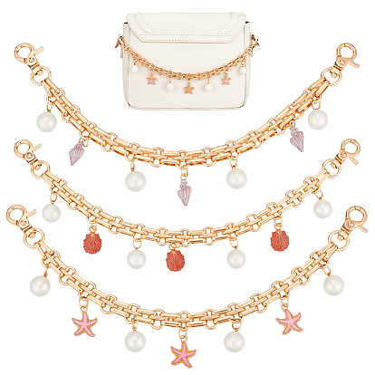 3 шт. 3 стили сплав эмаль с абс пластик имитация жемчуга подвеска железная цепочка сумка декоративные цепи, аксессуары для замены сумок, форма морской звезды/ракушки