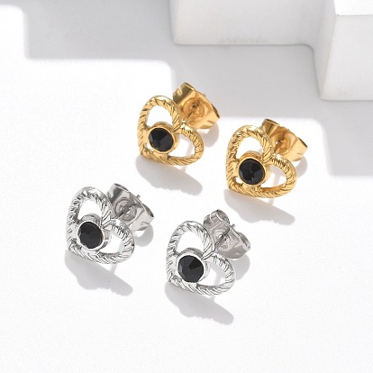 304 из нержавеющей стали серьги, со стразами, ионное покрытие (ip), сердце