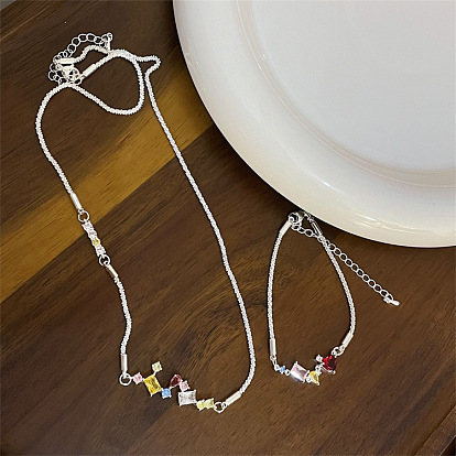 Simple one-word color zirconium necklace bracelet women's trendy cold temperament niche bowknot clavicle chain necklace