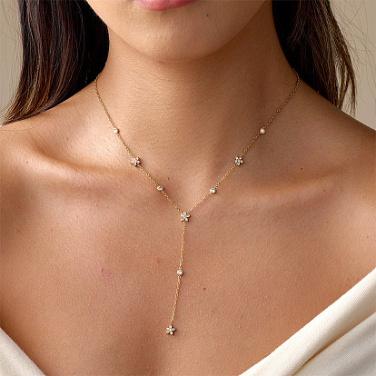 304 Stainless Steel Pave Clear Cubic Zirconia Flower Y Tassel Necklaces