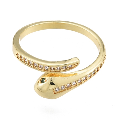 Green Cubic Zirconia Snake Open Cuff Ring, Brass Jewelry for Women
