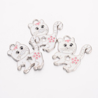 Alloy Enamel Kitten Pendants, Cadmium Free & Lead Free, with Rhinestone, Cat with Flower Shape, Platinum