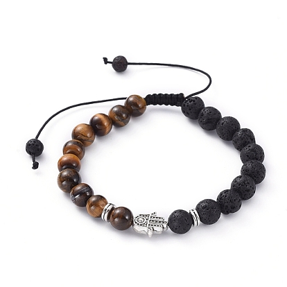 Bracelets tressés réglables en pierre de lave naturelle et perles d'oeil de tigre, avec des perles en alliage de style tibétain, hamsa main / main de fatima / main de miriam