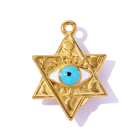 304 colgantes de esmalte de acero inoxidable, Estrella de David con amuleto del mal de ojo, revestimiento de iones (ip), larga duración plateado, real 18 k chapado en oro
