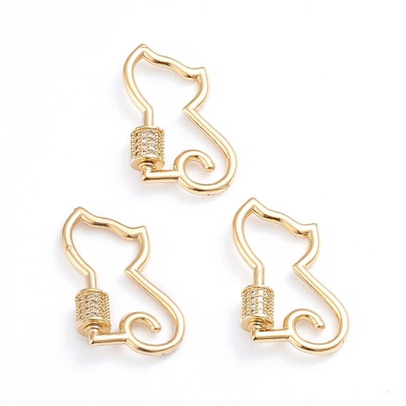 Brass Micro Pave Clear Cubic Zirconia Screw Carabiner Lock Charms, for Necklaces Making, Cat Shape