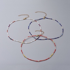 Seed Beaded Necklaces, with Golden Plated Brass Curb Chains, Brass Round Beads and 304 Stainless Steel Lobster Claw Clasps