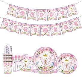 Birthday Party Disposable Tableware Sets, Including Paper Plates & Cups & Napkins & Banner, Straws, Plastic Tablecloths & Forks & Spoons & Knives, with Butterfly Pattern