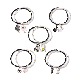 2Pcs Cat/Paw Print Alloy Enamel Charm Bracelets, Seed Beaded Stretch Bracelets for Women, Black