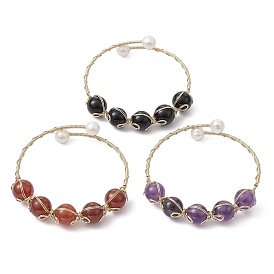 Bracelet à perles rondes en pierres précieuses naturelles et synthétiques mélangées, Bracelet enroulé en fil de cuivre plaqué en rack avec perles naturelles de qualité A