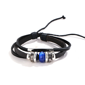 Leather 3 Layer Multi-strand Bracelet, Adjustable Bracelet with Resin Beaded