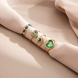 Sweetheart Double-layer Oil Drop Ring Set with Green Multi-layer Peach Heart Joint Rings (4 Pieces)