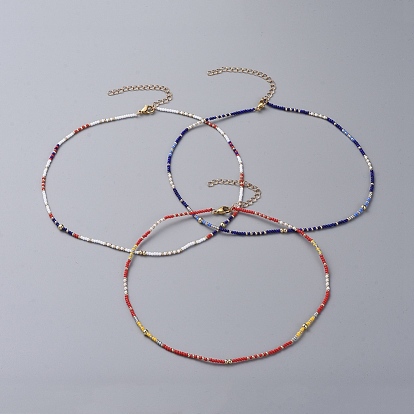 Seed Beaded Necklaces, with Golden Plated Brass Curb Chains, Brass Round Beads and 304 Stainless Steel Lobster Claw Clasps
