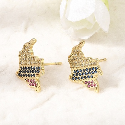 Brass Micro Pave Cubic Zirconia Stud Earrings for Women, Map, Lead Free & Cadmium Free, Rack Plating, Long-Lasting Plated