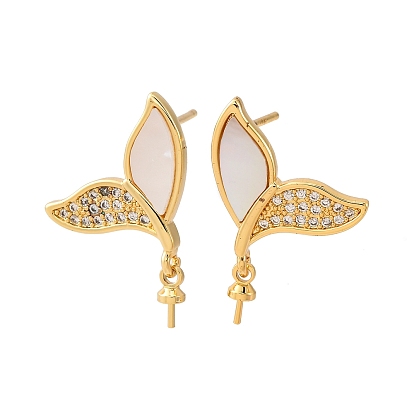 Фурнитура для серег-гвоздиков из латунных ракушек с микропаве из кубического циркония, за половину пробурено бисера, с уха орехов, рыбий хвост, без кадмия и без свинца, стойки покрытие, долговечный