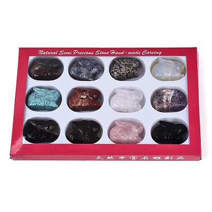 Natural & Synthetic Mixed Gemstone Rabbit Figurines Set, Ornament for Home Office Desktop Decoration, with Paper Gift Box