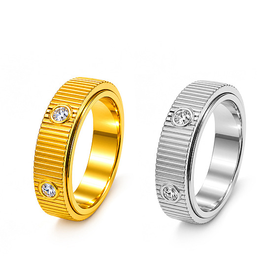 304 Stainless Steel Crystal Rhinestone Rotating Finger Rings, Fidget Spinner Ring for Calming Worry Meditation