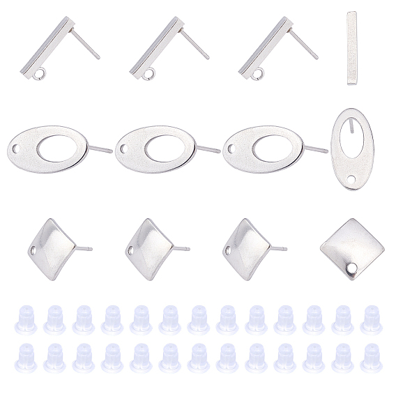 304 Stainless Steel Stud Earring Findings, with Loop and Silicone Ear Nuts, Mixed Shapes