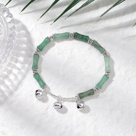 Браслеты с подвесками из натурального зеленого авантюрина для мужчин и женщин, бамбук, с латунным колокольчиком