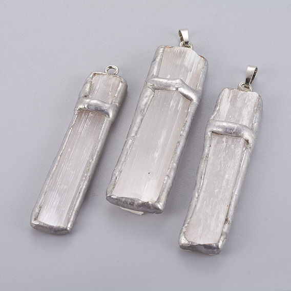 Natural Selenite Big Pendants, with Platinum Tone Brass Findings, Rectangle