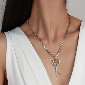  Simple Retro Hollow Love Heart Key Diamond Rhinestone Pendant Necklace for Women