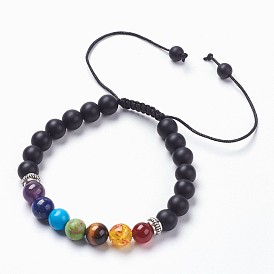 Chakra bijoux, bracelets de perle tressés de pierres précieuses naturelles réglables, avec des pierres d'espacement en alliage de pierre mélangée et de style tibétain, givré, ronde, Emballage en toile de jute