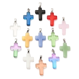 Glass Pendants, with Stainless Steel Pinch Bails, Cross