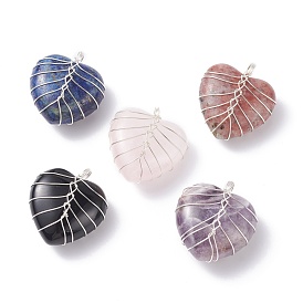 Natural Gemstone Pendants, with Silver Tone Copper Wire Wrapped, Heart