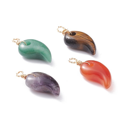 Pendentifs naturelles mixtes de pierre, avec du vrai fil de cuivre écologique plaqué or 18k, Magatama