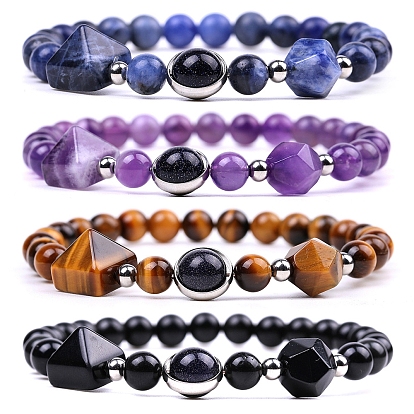 Natural & Synthetic Mixed Gemstone Pyramid & Synthetic Blue Goldstone Beaded Stretch Bracelet