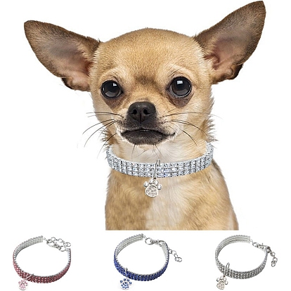Adjustable 3-Row Alloy Rhinestone Cup Chain Pet Collars, Slider Paw Print & Heart Pendant Cat Dog Choker Necklace