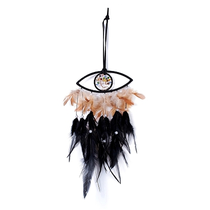Handmade Eye & Tree of Life Woven Net/Web with Feather Wall Hanging Decoration, with ABS/Glass Beads & Copper Wire, for Home Offices Amulet Ornament