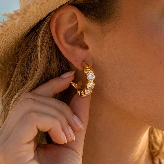 304 Серьги-гвоздики из нержавеющей стали с прозрачными кубическими циркониями, рыба с С-образной формой