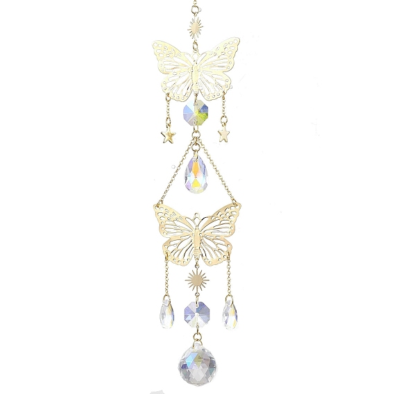 Железные подвесные украшения в виде бабочек, Стеклянные каплевидные круглые ловцы солнца с кисточками для украшения дома и сада