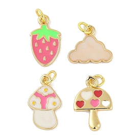 Brass Enamel Pendants, with Jump Ring, Real 18K Gold Plated, Mushroom & Cloud & Strawberry Charm