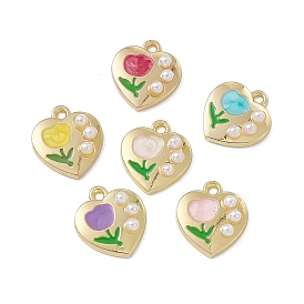 ABS Plastic Imitation Pearl Pendants, with Golden Tone Alloy Findings and Enamel, Heart with Flower Charm